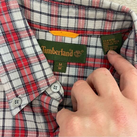 Timberland Mens Flannel red blue plaid button up shirt cotton long sleeves sz M - Picture 3 of 8
